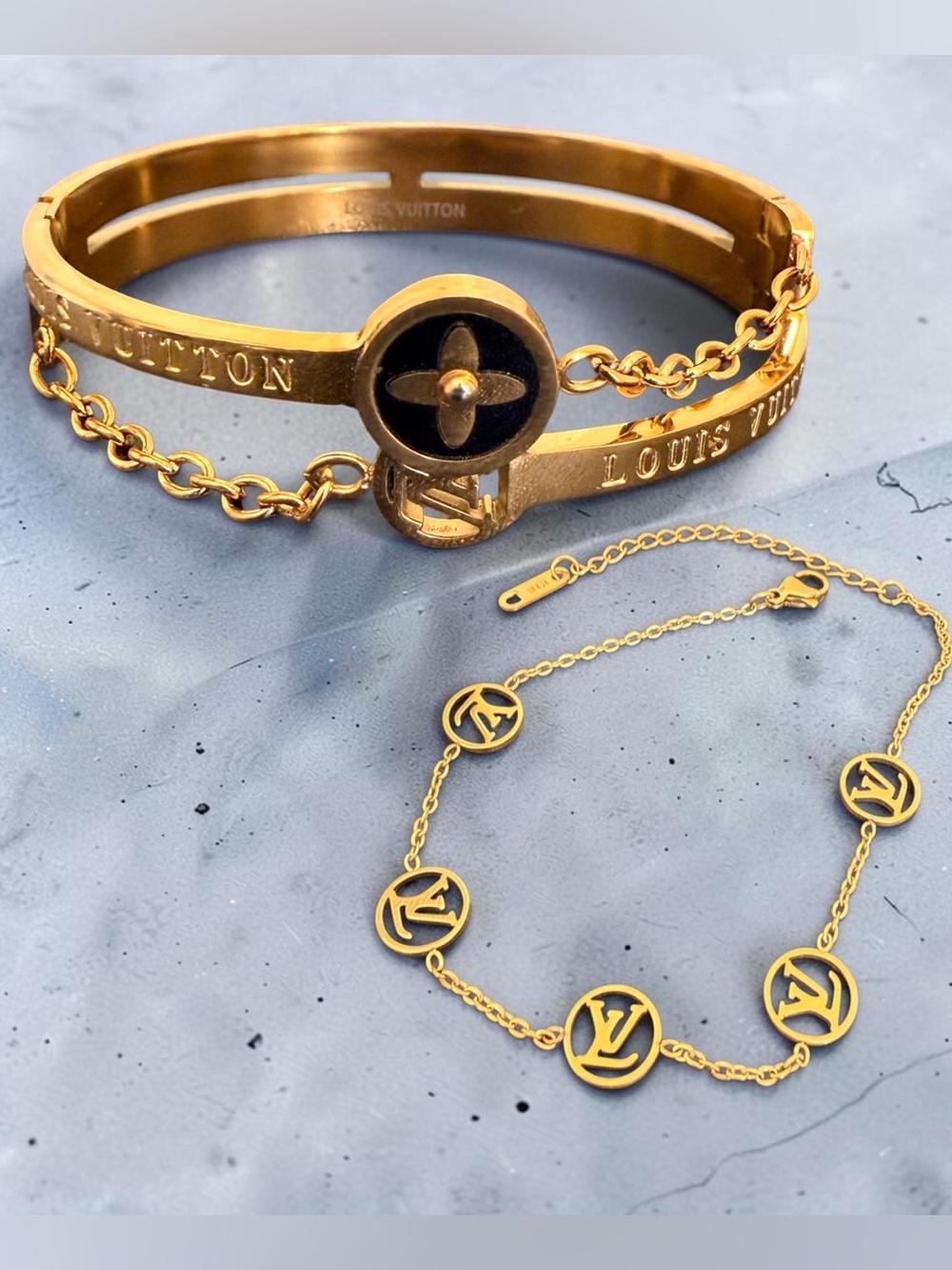 Fashion Gold-Tone Monogram Medallion Chain Bracelet & Hinged Bangle Set